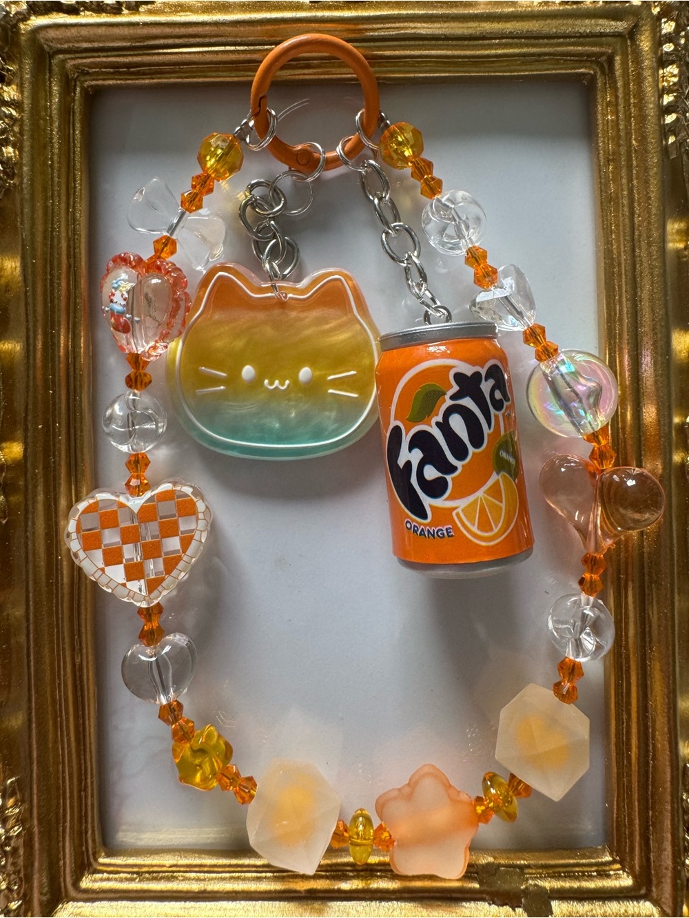 Orange Cat Bag Charm Keychain with Fanta Can and Heart Beads